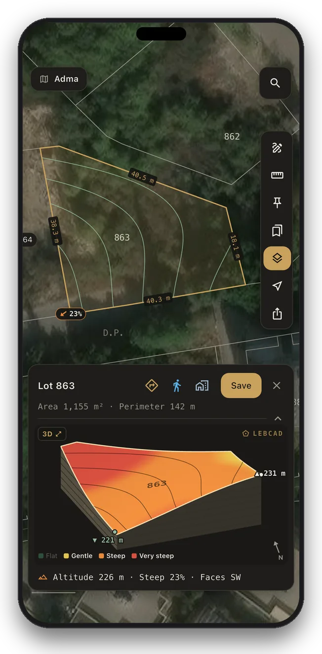 A lot over satellite imagery with its 3D model, altitude, slope and facing
