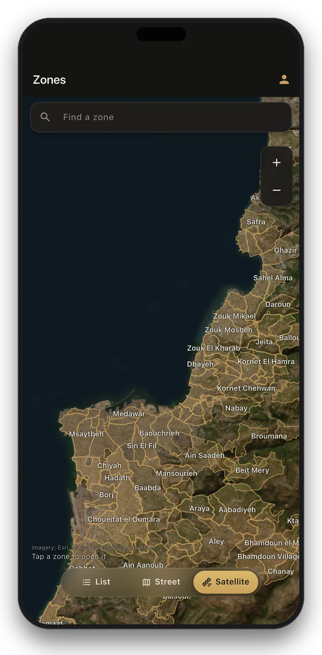 LebCad zone map on satellite imagery of the Lebanese coast