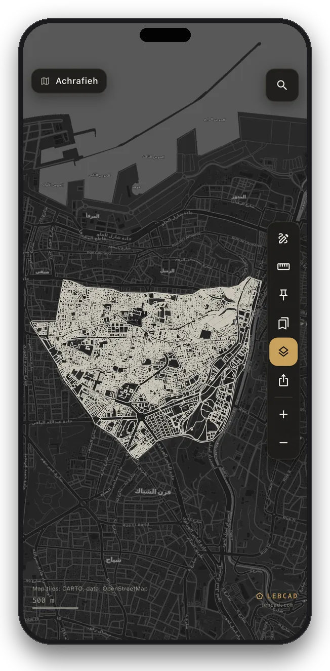 A cadastral zone drawn over the city street map