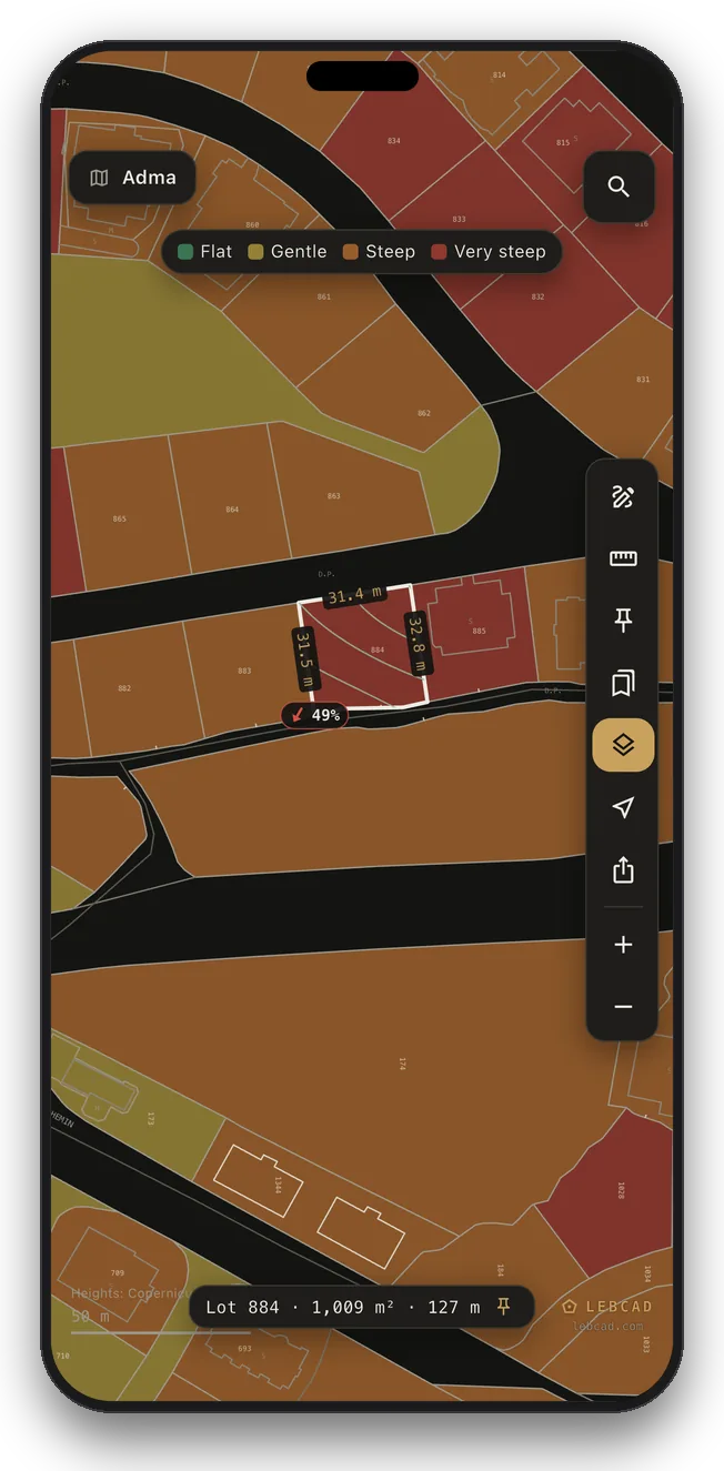 Terrain view colouring every lot by its slope